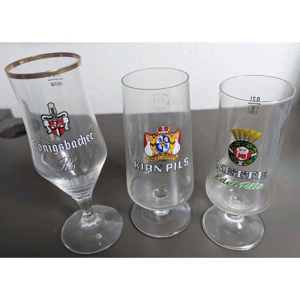 Lot Of 3 Vintage Beer Glasses Kirner Pils Kirn Nette Edel NB Konigsbacher 0.2 .3